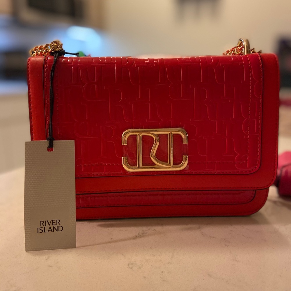 Red and Gold Patent Shoulder Bag with Gold Strap